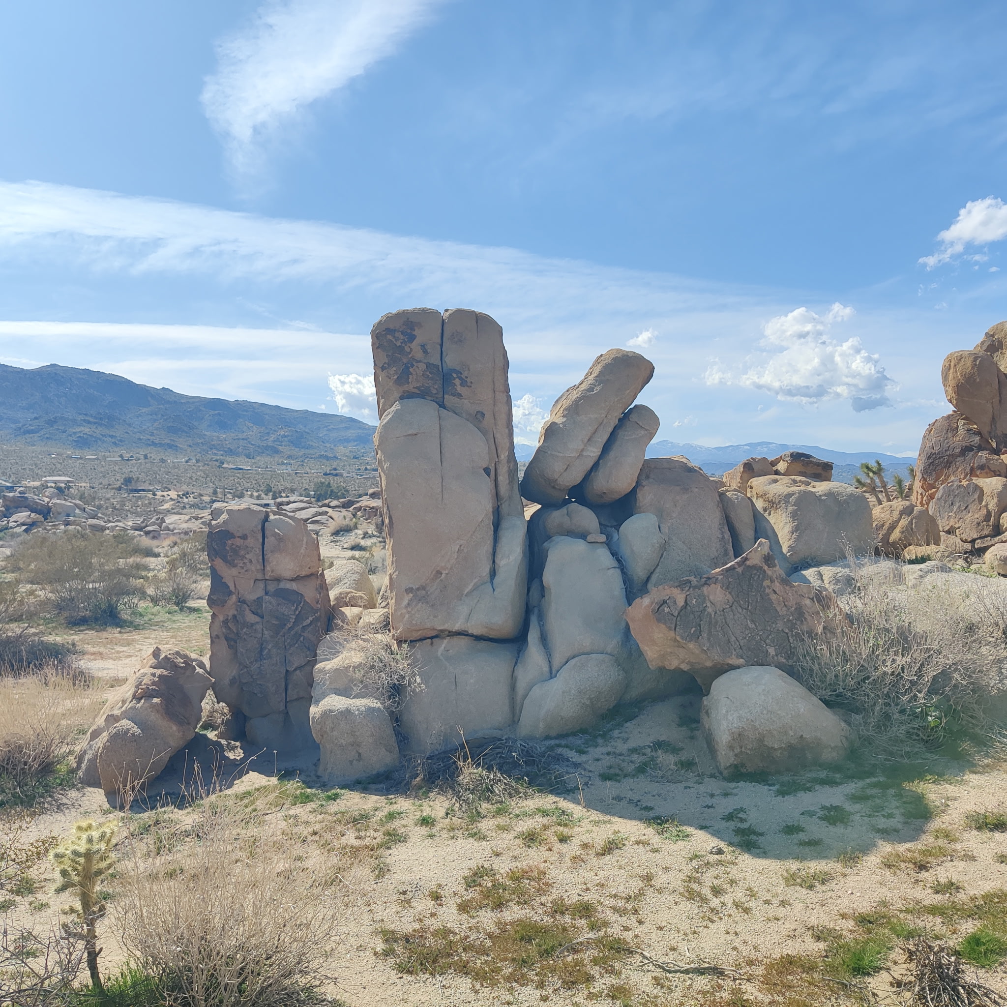 Sunlit rock formations and high-desert landscape near Joshua Tree, California